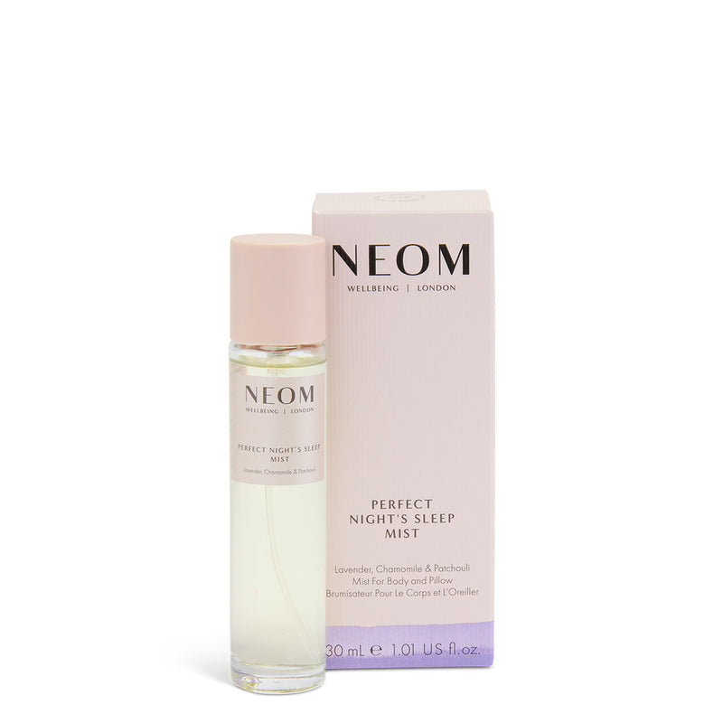 NEOM Perfect Night's Sleep Mist bottle and packaging on a white background