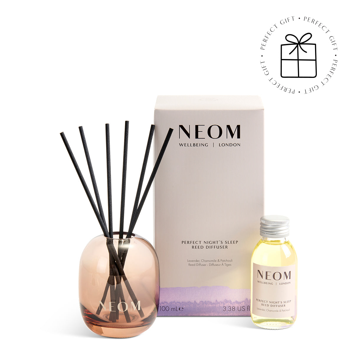 NEOM  diffuser set with packaging on a white background