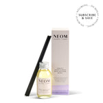 NEOM Perfect Night's Sleep Reed Diffuser on a white background with subscription roundel