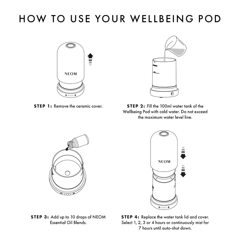 HOW TO USE YOUR WELLBEING POD

STEP 1: Remove the ceramic cover.

STEP 2: Fill the 100ml water tank of the Wellbeing Pod with cold water. Do not exceed the maximum water level line.

STEP 3: Add up to 10 drops of NEOM Essential Oil Blends.

STEP 4: Replace the water tank lid and cover. Select 1, 2, 3 or 4 hours or continuously mist for 7 hours until auto-shut down.