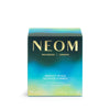 NEOM candle packaging with gradient blue and green design on a white background