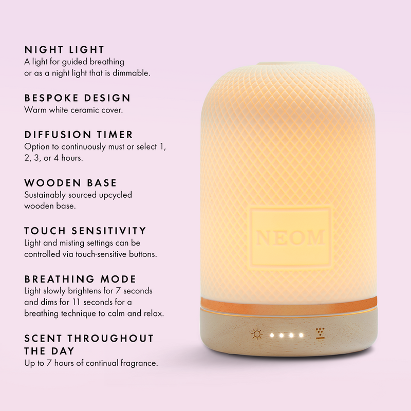 Neom diffuser with features listed on a light purple background