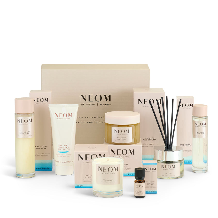 NEOM ultimate calm real luxury box for black friday including skincare and home fragrance products on a white background
