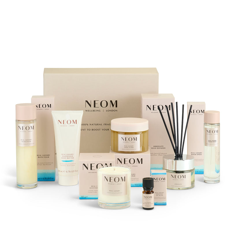 NEOM ultimate calm real luxury box for black friday including skincare and home fragrance products on a white background