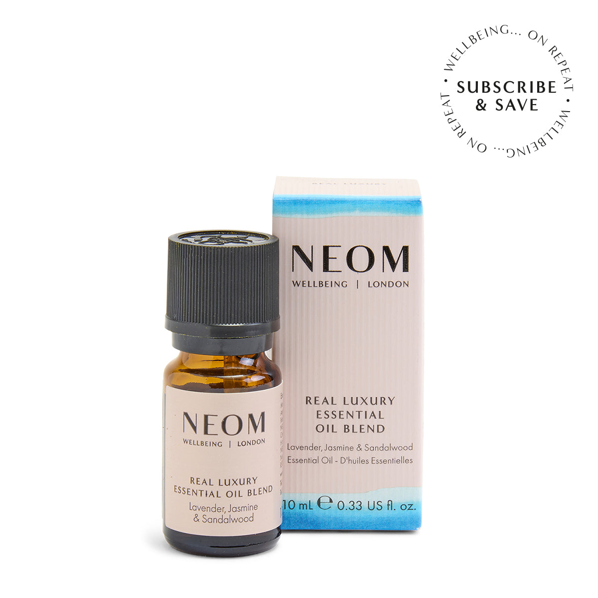 NEOM Real Luxury essential oil blend on a white background with subscription roundel