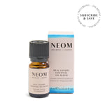 NEOM Real Luxury essential oil blend on a white background with subscription roundel