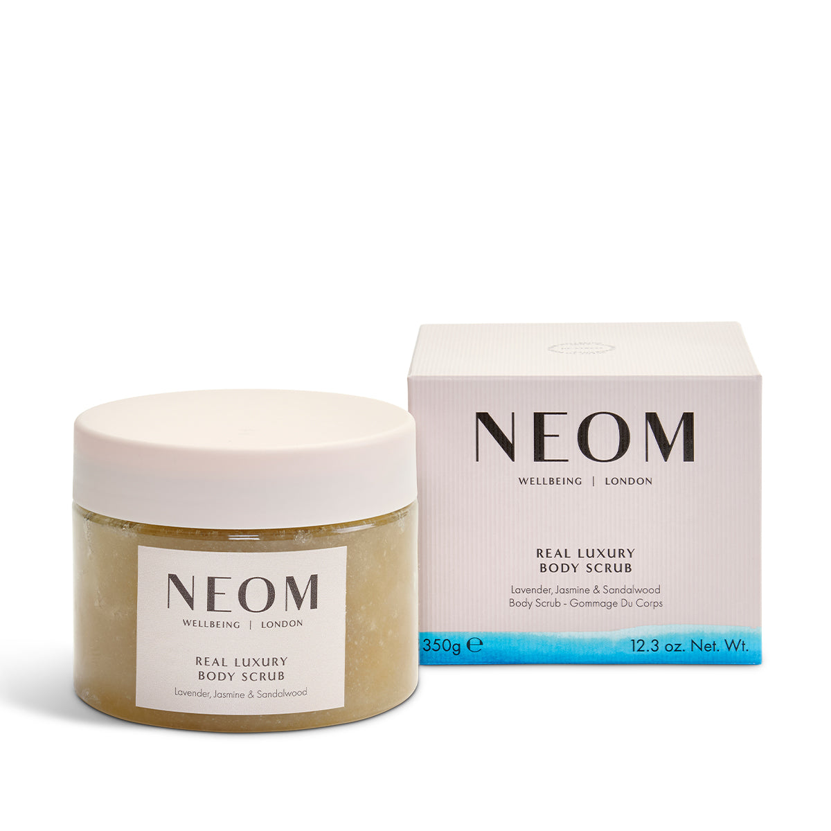 NEOM Real Luxury Body Scrub  and packaging on a white background