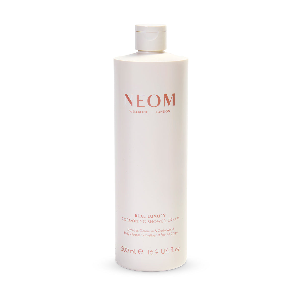 NEOM bottle of Real Luxury Shower Cream on a white background