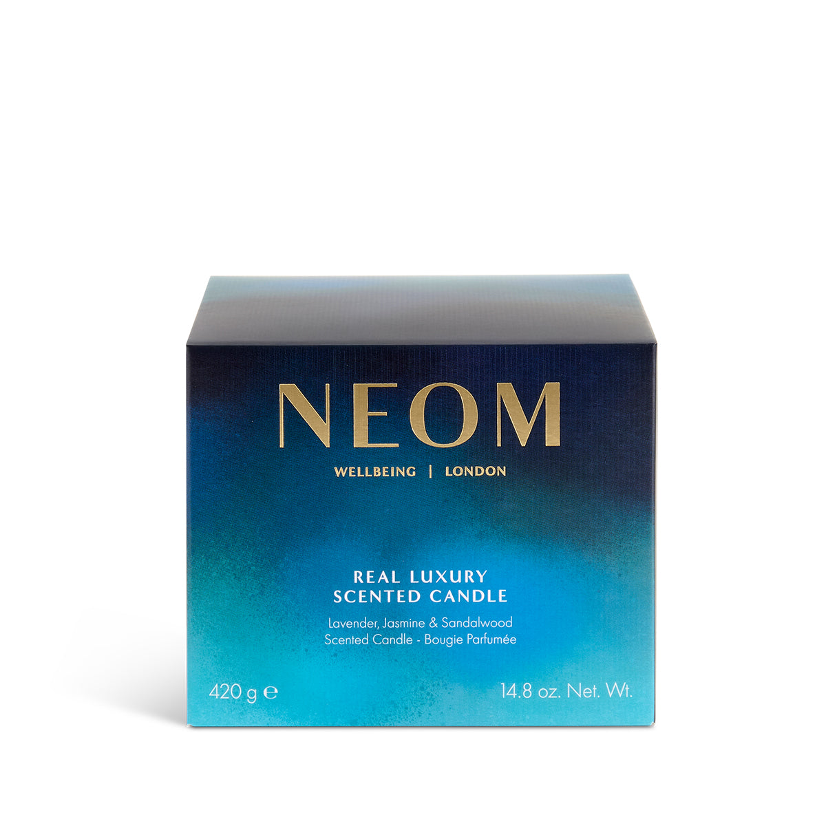NEOM limited edition Real Luxury candle box on a white background