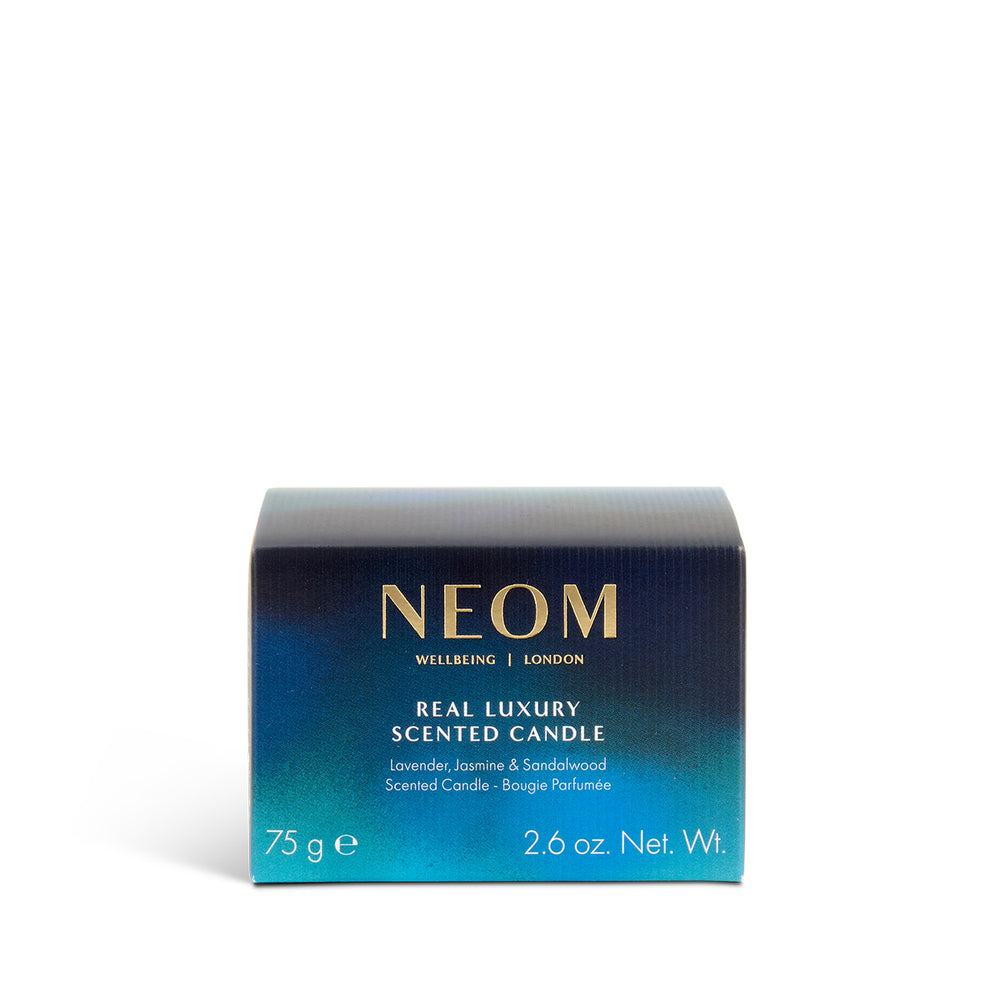 NEOM real luxury scented candle packaging on a white background