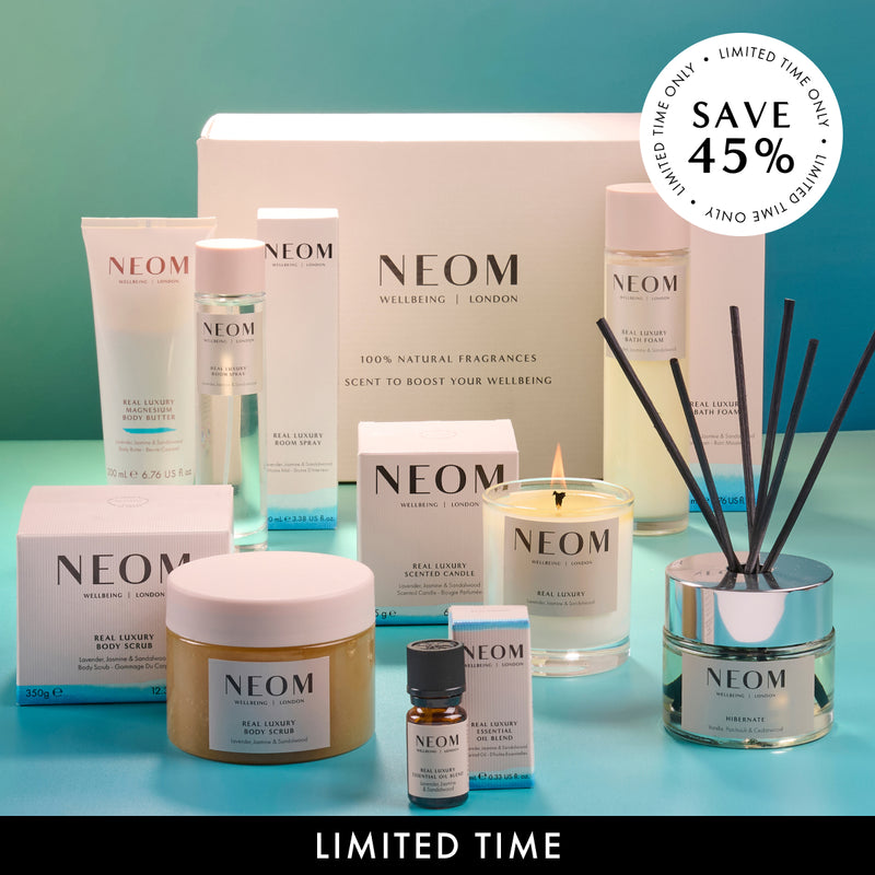 Collection of NEOM real luxury products on a blue background with 'LIMITED TIME' text. Save 45%.