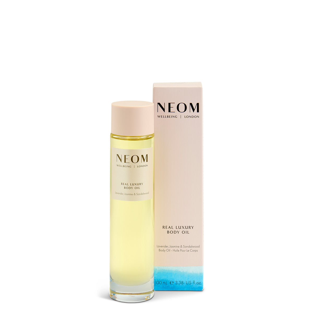 NEOM Real Luxury Body Oil with packaging on a white background