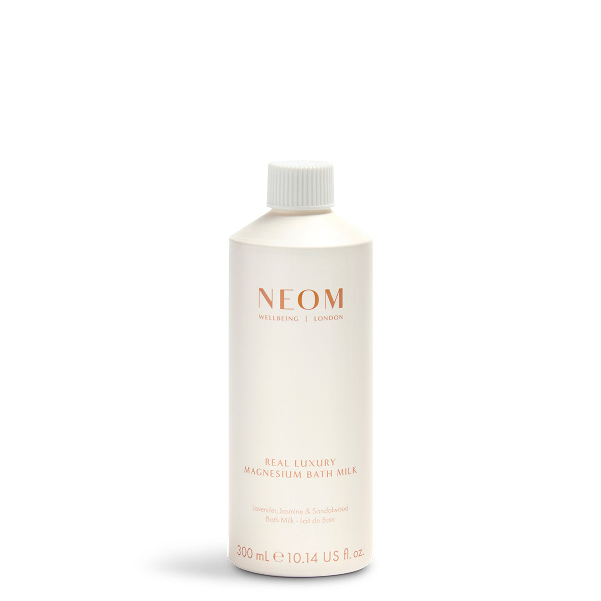 NEOM bottle of Real Luxury Magnesium Bath Milk on a white background