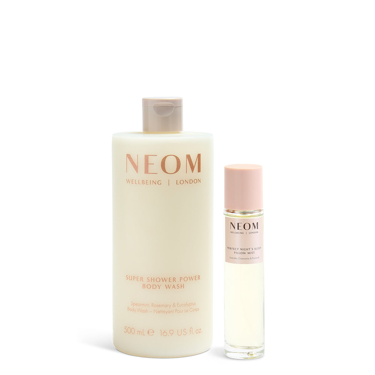 NEOM super shower power body wash and perfect nights sleep mist on a white background