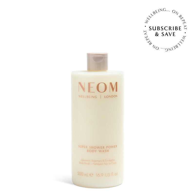 NEOM super shower power body wash with 'Subscribe & Save' roundel on a white  background