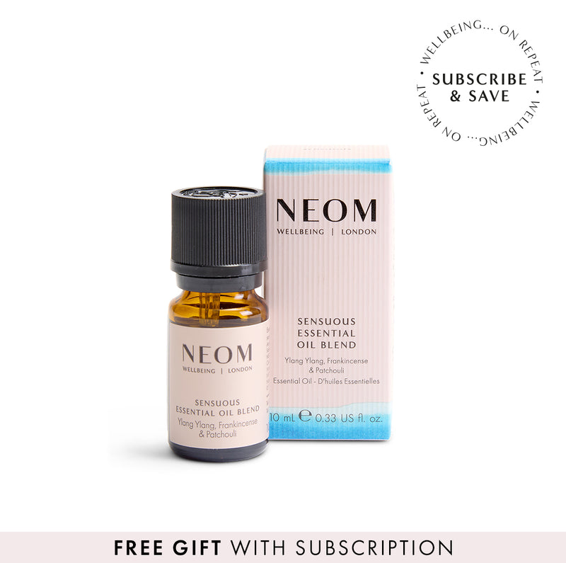 NEOM Sensuous Essential Oil Blend with a 'subscribe and save' roundel and 'free gift with subscription banner