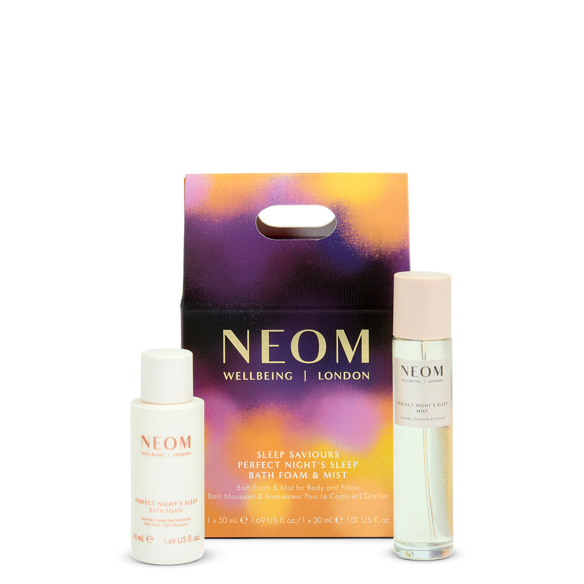 NEOM wellbeing products including bath foam, mist, and packaging on a white background