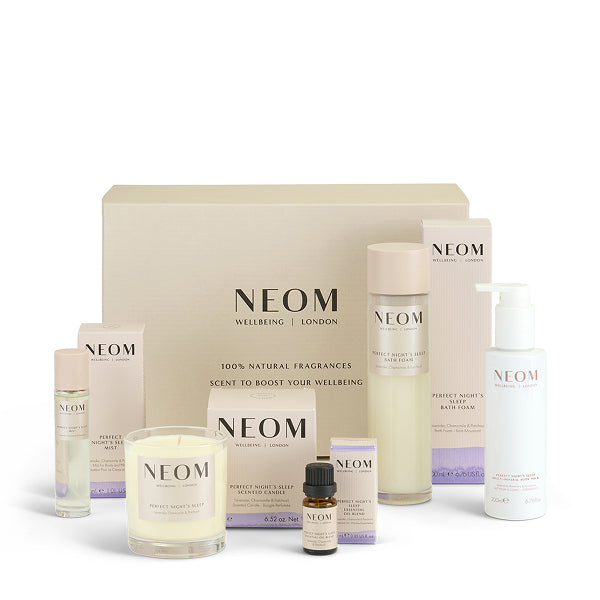 NEOM perfect night's sleep box including skincare and home fragrance products on a white background