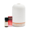 White NEOM diffuser with NEOM essential oil bottle and box on a white background