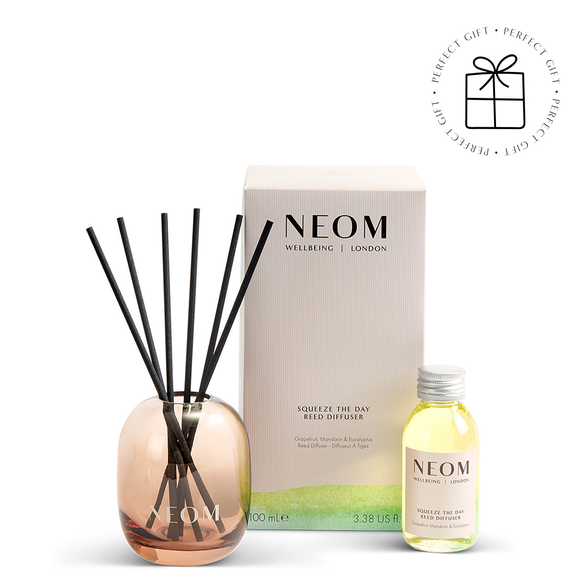 NEOM  diffuser set with bottle and packaging on a white background