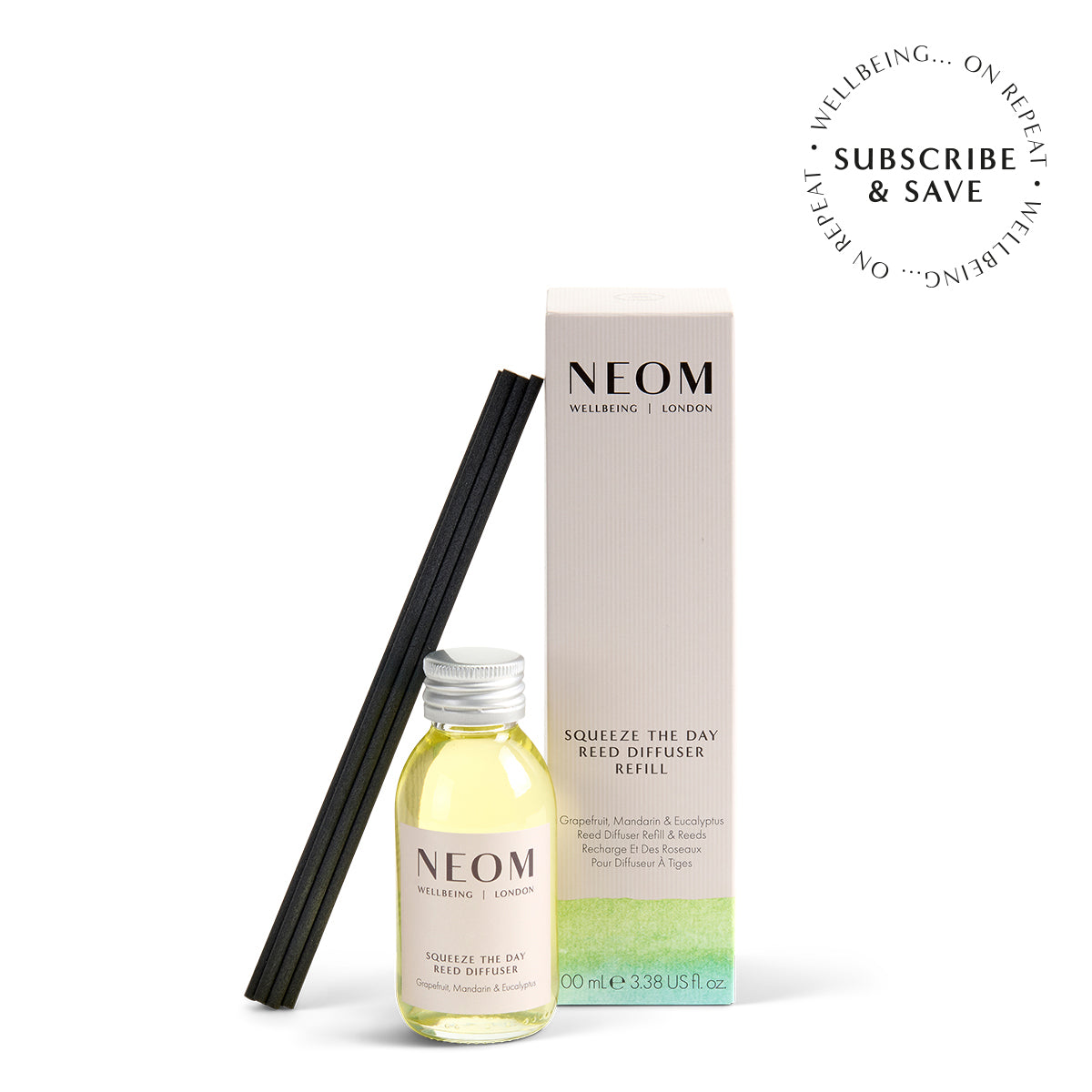 NEOM Squeeze The Day reed diffuser refill on a white background with subscription roundel