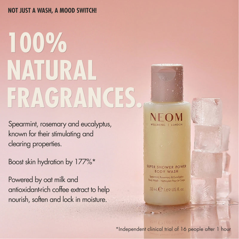 Flat lay of an open bag with NEOM products including Squeeze the Day Body Wash, super shower power body wash, wonder balm