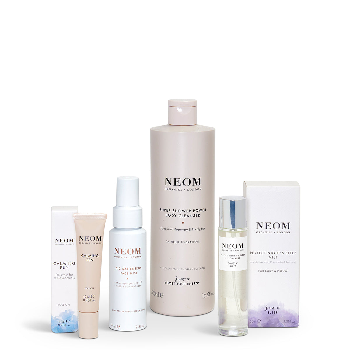 NEOM bath, body, skin and home care products on a white background