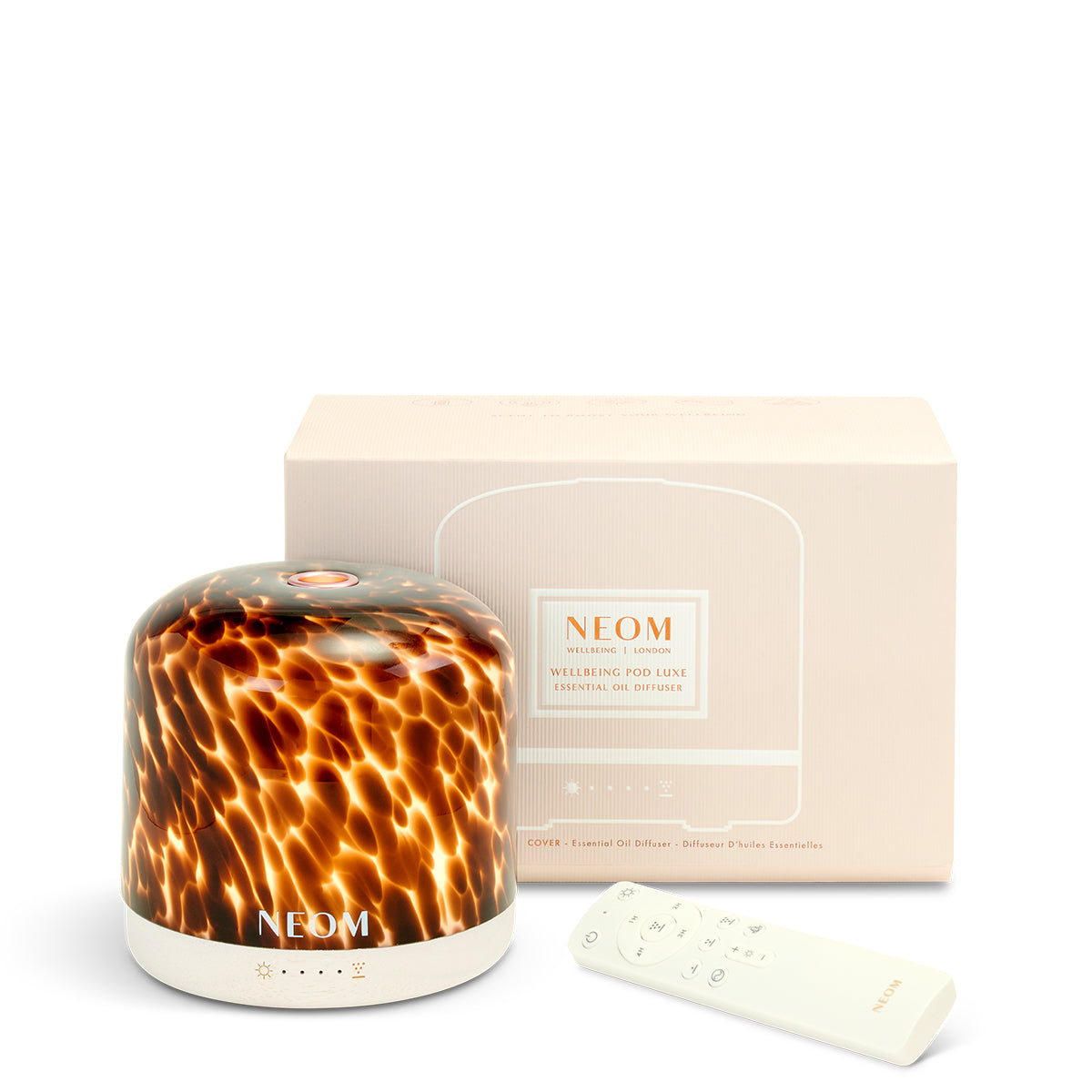 NEOM diffuser with tortoiseshell pattern and matching box on a white background