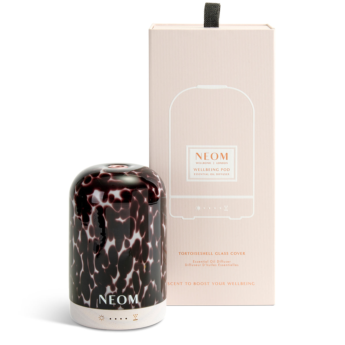 NEOM diffuser with tortoiseshell design and packaging on a white background