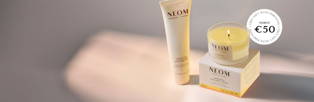NEOM Great Day Magnesium Body Butter 100ml with the Happiness travel candle  gift with purchase worth €50
