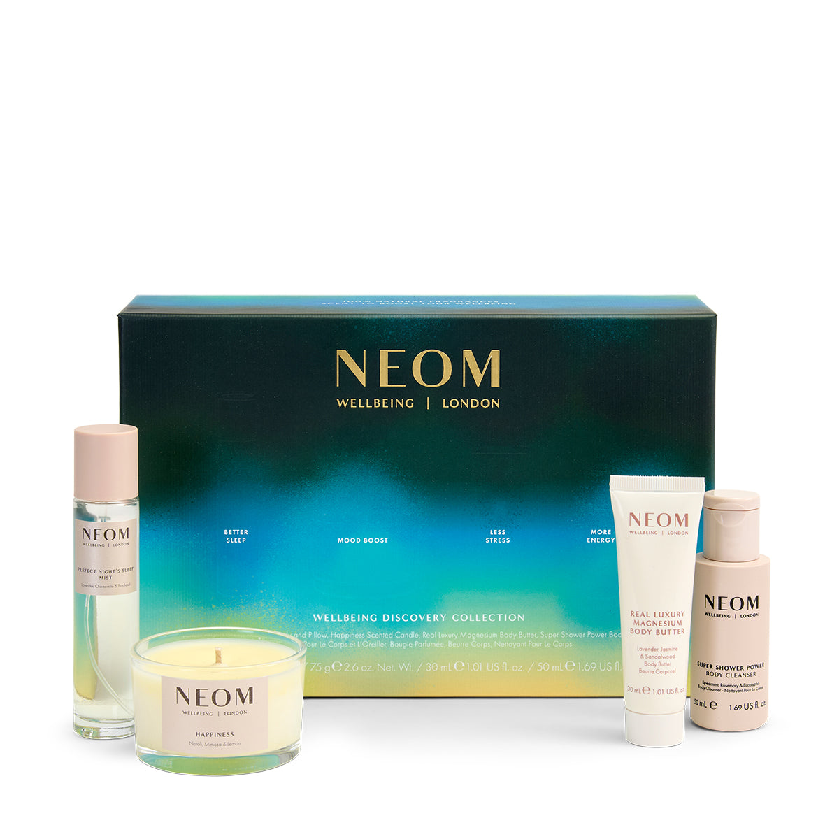 NEOM Wellbeing London skincare and candle set on a white background