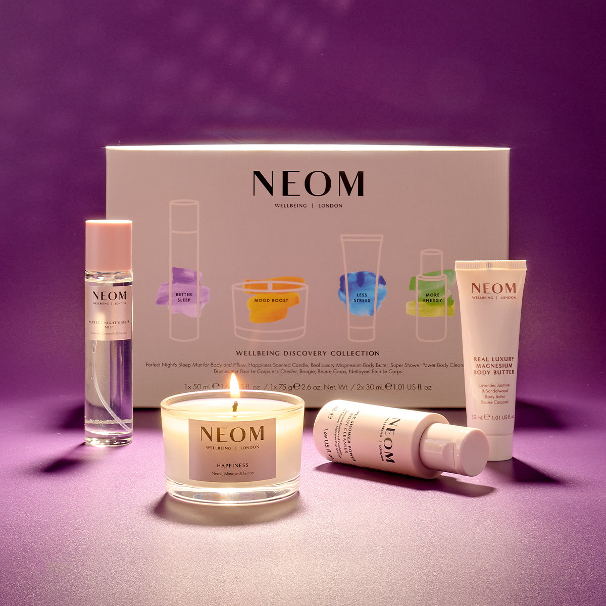 NEOM wellness collection with products on a purple background