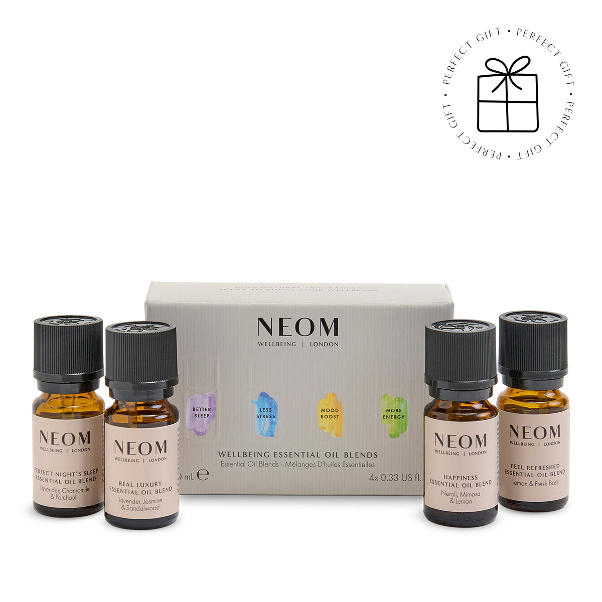 NEOM essential oil blends with a branded box on a white background with a Perfect Gift roundel with a present