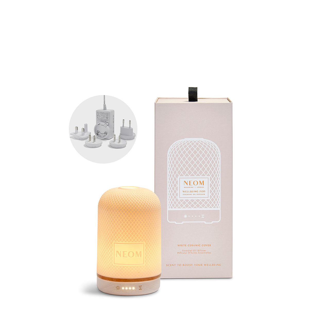 NEOM Wellbeing Pod with Global Adapter Plugs on a white background